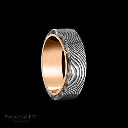 Damascus Patterned Steel and Rose Gold Wedding Ring