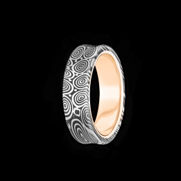 Damascus Patterned Steel and Rose Gold Wedding Ring